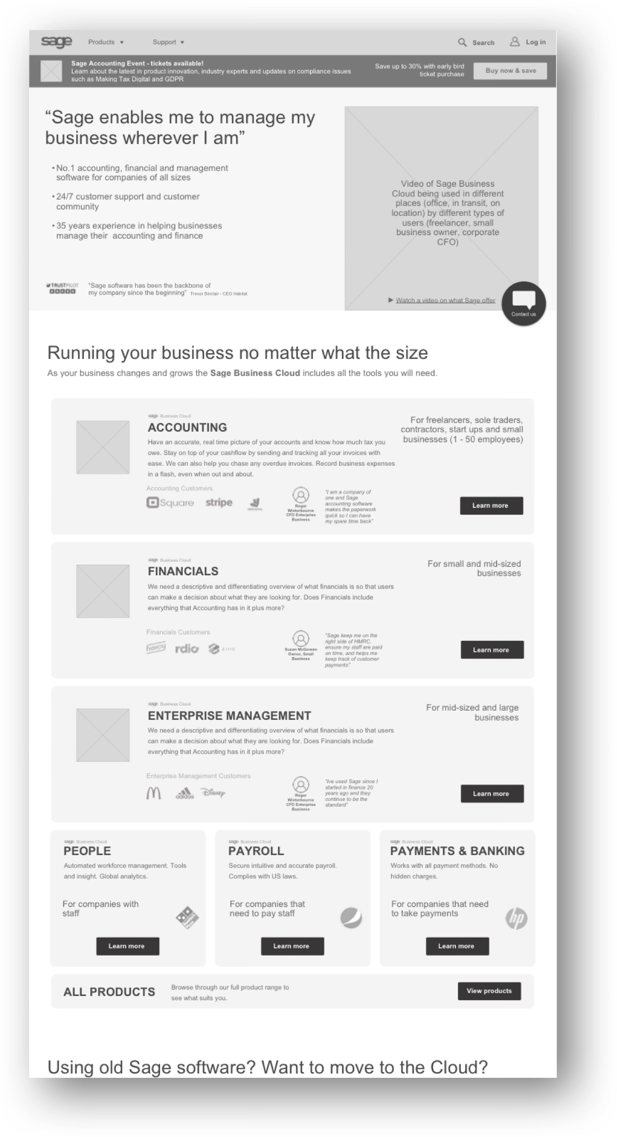 Version A home page — products grouped by product line (Accounting, Financials, Enterprise Management)