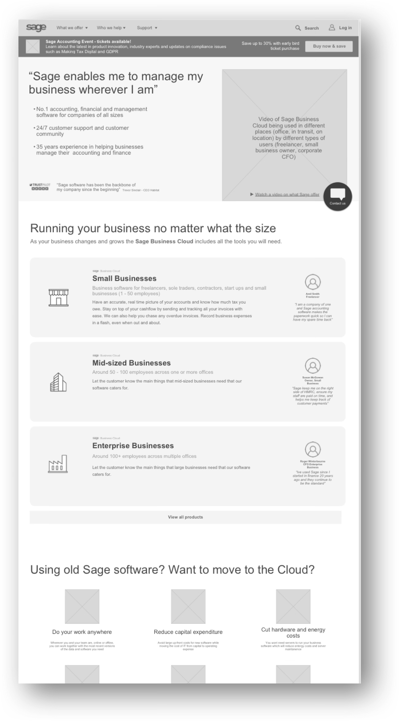 Version B home page — split by business size (Small, Mid-sized, Enterprise) before showing products