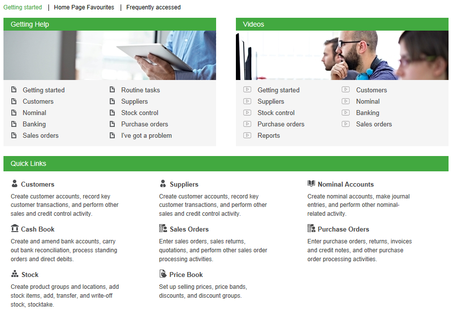 The existing sage.com help and quick-links page — stacked green panels of text links