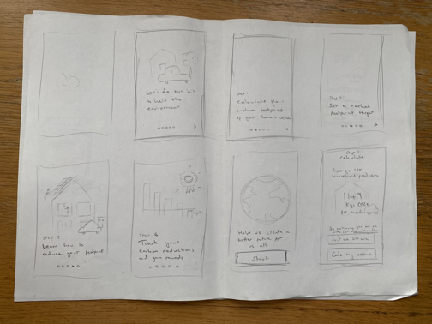 Quick-fire sketches of onboarding screens on paper