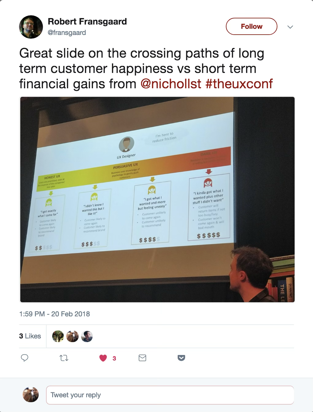 Robert Fransgaard: Great slide on the crossing paths of long term customer happiness vs short term financial gains