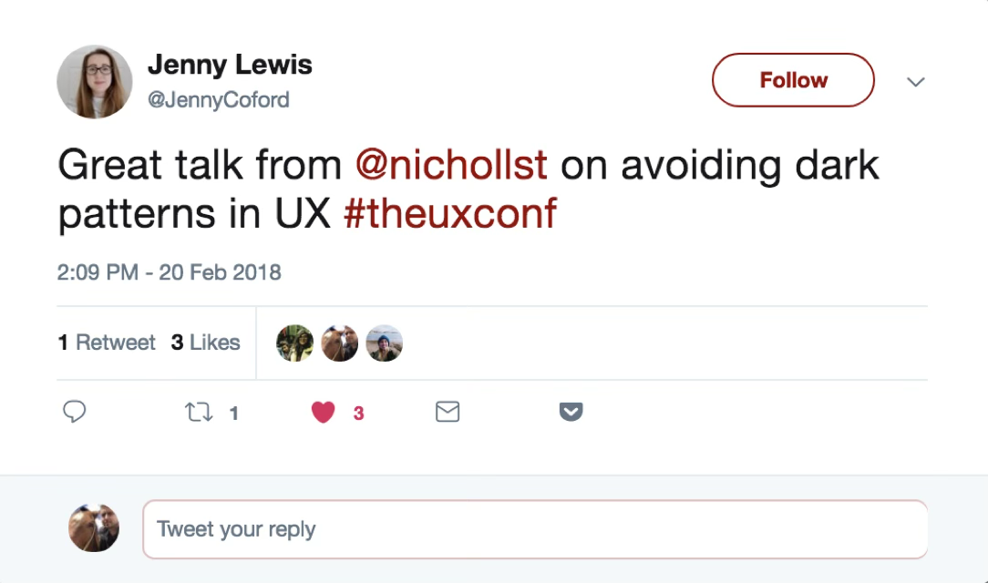 Jenny Lewis: Great talk from @nichollst on avoiding dark patterns in UX #theuxconf