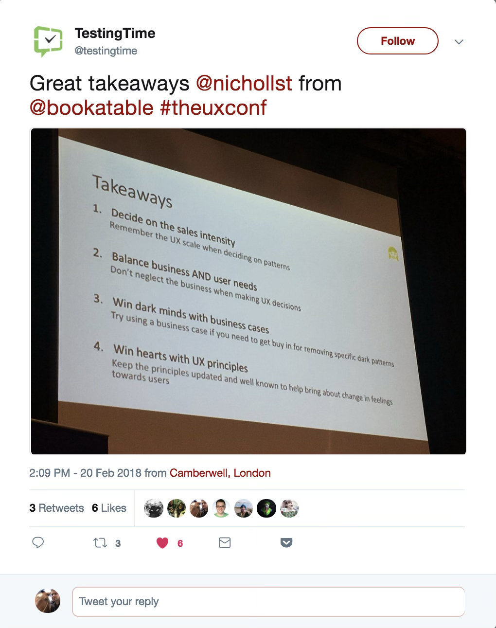 TestingTime: Great takeaways @nichollst from @bookatable #theuxconf